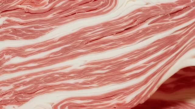 Close-up of thinly sliced raw meat, showcasing its marbling and texture with alternating layers of pale fat and reddish lean meat