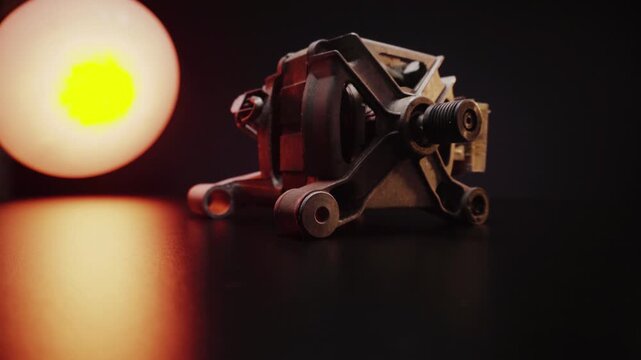 creative long exposure photography old electric motor from a washing machine, automatic repair at the service, shooting in a dark room, backlighting with red light