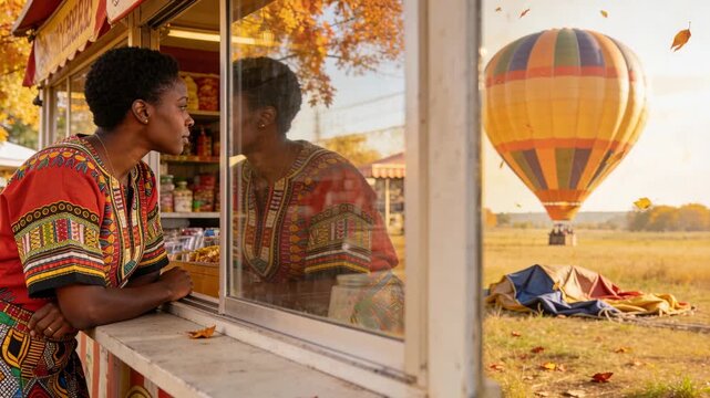 Leaning woman wearing bright dashiki watching hot air balloon by kiosk, gusts sending leaves