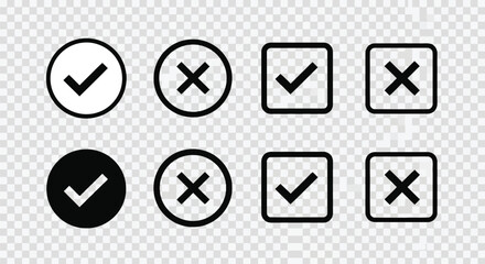 Grid of checkmark and cross symbols in black and white circles