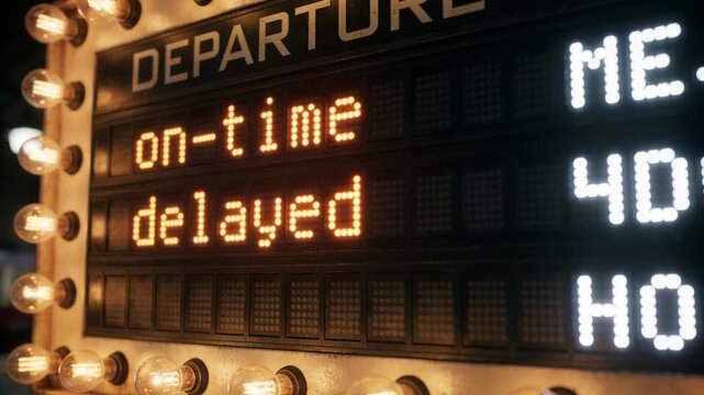 Flickering lit bulbs causing retro DEPARTURE board showing on-time or delayed, white codes in statio