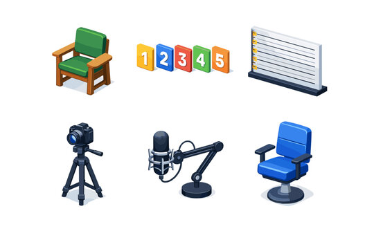 Suspect identification. Isometric flat vector icons set of suspect identification: witness chair, lineup number placards, adjustable height marker wall, police