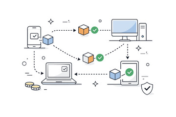 Blockchain transaction system. Abstract devices connected by lines exchange digital blocks, with small checkmarks showing confirmed transfers. A calm editorial