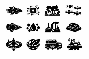 Naklejka premium Future Space Mining. Solid icon set of Future Space Mining: futuristic miner ship, AI control core, modular mining rig, swarm robots, advanced drill system,