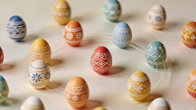 Subtle vibration starting decorated pastel eggs spinning, rolling and colliding on cream tabletop