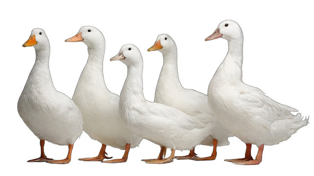 Five white geese standing together in a row looking left