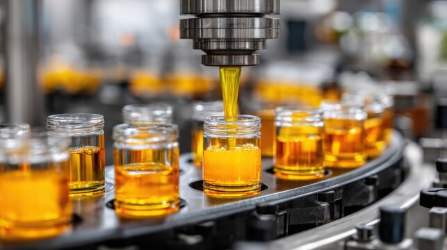 Advanced automated industrial bottling line filling glass jars with golden liquid oil