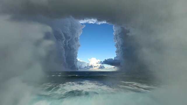 Fpv drone flying calm eye category five hurricane towering cloud wall extreme ocean storm meteorology weather phenomenon typhoon hazard cyclone climate atmosphere vortex survival environment