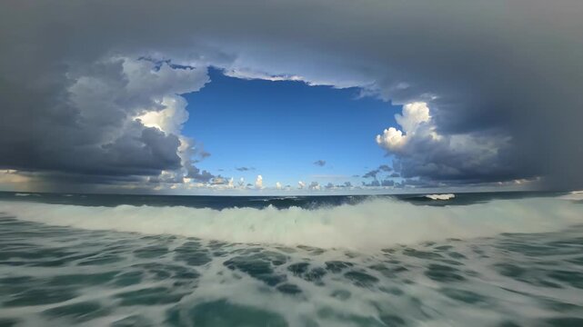 Fpv drone flying calm eye category five hurricane towering cloud wall extreme ocean storm meteorology weather phenomenon typhoon hazard cyclone climate atmosphere vortex survival environment