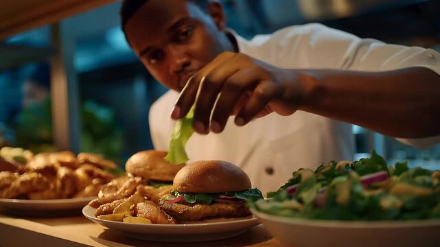 An inviting kitchen setting where chefs prepare multiple types of fast food, including burgers, wings, and salads, highlighting the fast-paced nature of modern dining and restaurant operations.