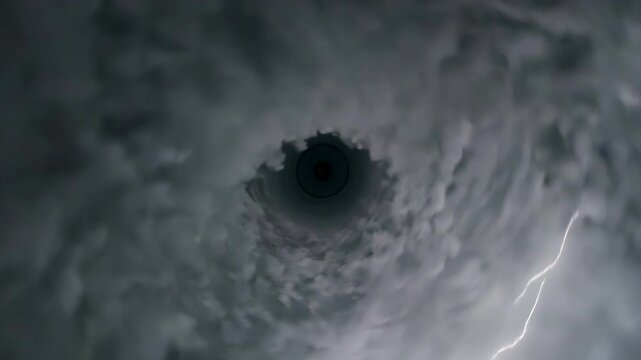 Fpv drone flying up inside massive supercell tornado funnel dark swirling cloud extreme weather meteorology disaster danger twister wind storm vortex atmosphere climate emergency destruction