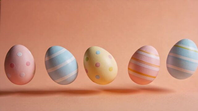 Tilting five pastel eggs bobbing on studio table after gentle impulse, settling with shadows