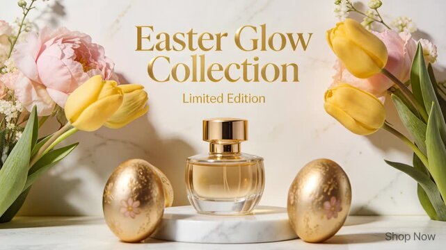 Revealing gold eggs rolling tulips framing center bottle on marble stand promoting Easter Glow