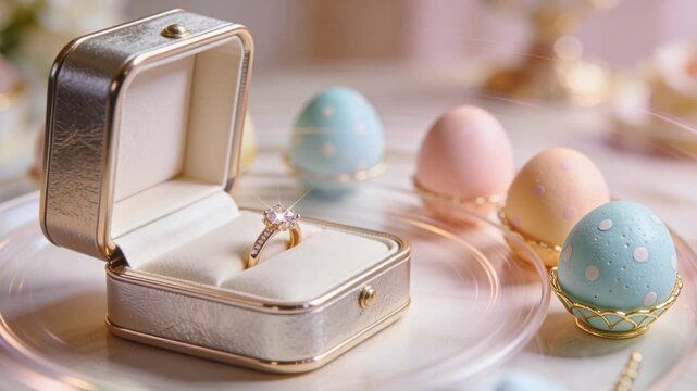 Platter beginning rotation moving cream jewelry box, pastel eggs and ring catching sparkle for ad