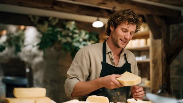 Focused cheese making artisan shaping delicate cheese with expert hands in an intimate, warmly lit workshop. Surrounded by rustic decor, the atmosphere buzzes with enthusiasm and the rich scents of