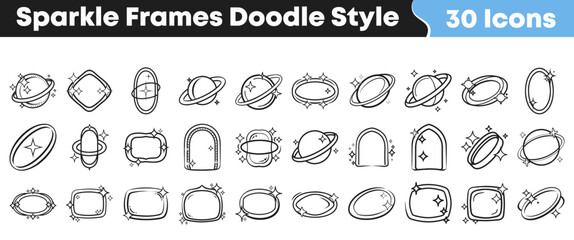 Thirty unique hand drawn doodle style icons featuring sparkle frames and celestial planet ring designs perfect for creative projects © Vectoravec