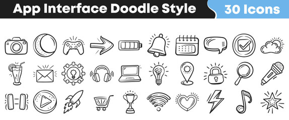 This creative collection of thirty hand-drawn app interface icons showcases diverse doodle style elements suitable for various digital user experience and mobile application design. © Vectoravec