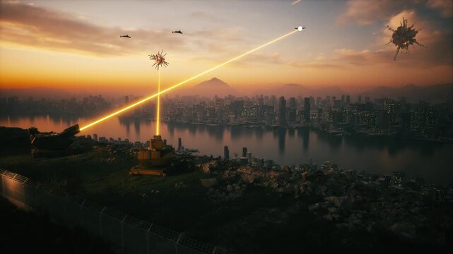 Laser Air Defense System Intercepting Drones Above Modern City at Sunset