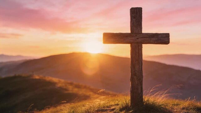 Rising sun brightening sky and casting rim light on weathered wooden cross at hilltop, lens flare