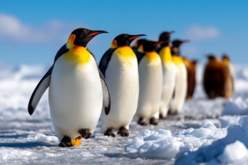 Fototapeta premium Emperor Penguins Walking in Colony on Frozen Antarctic Ice Shelf Under Blue Sky