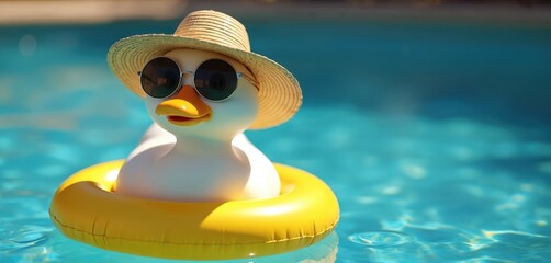 Obraz premium Cute duck wearing sunglasses and straw hat floats on yellow ring in blue pool water. This funny animal bird enjoys summer vacation, swimming and relaxing. A playful, happy scene.