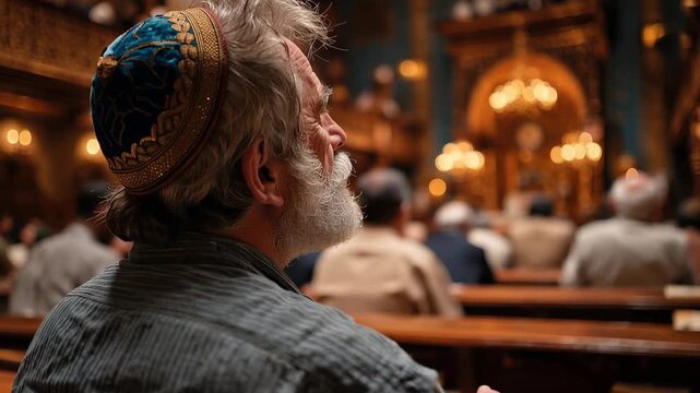 People pray together in a synagogue while reflecting on their thoughts during a spiritual moment in their community gathering