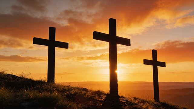 Receiving rising sunlight, three wooden crosses standing on grassy hilltop, lens flare shifting