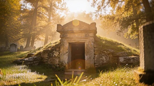 Approaching and lowering camera revealing carved stone burial chamber on grassy mound, doorway