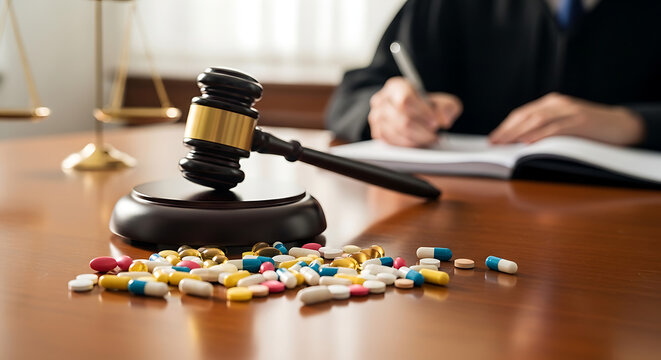 Justice scale and gavel beside scattered pills in a courtroom, symbolizing drug crimes and legal battles