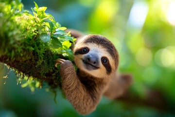 Fototapeta premium Adorable Amazonian Sloth Hanging from Lush Moss Covered Branch in Soft Rainforest Light