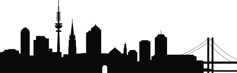 Black silhouette of Dortmund Germany city skyline featuring Florianturm tower and U-Tower building on white background for travel and graphic designBlack 