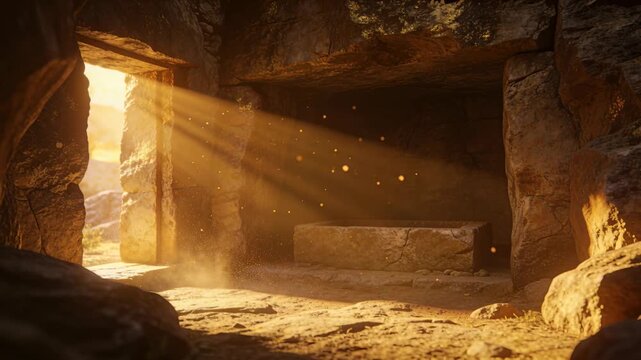 Rock doorway casting warm sun into chamber, dust motes drifting toward stone slab for archaeology