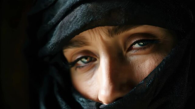 Portrait of woman in black niqab by window with soft light in home during the day