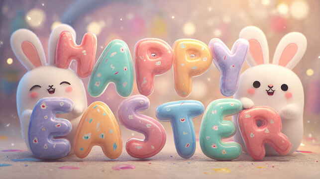 Bunny characters celebrate Easter with colorful letters in a festive setting during springtime