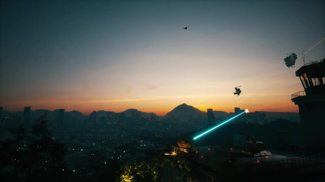 Futuristic Laser Defense System Destroying Drones Over City at Sunset