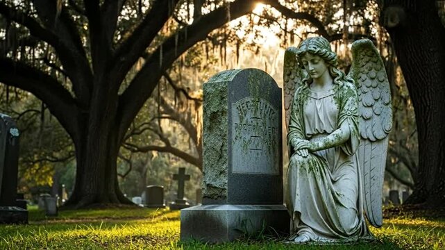 An angel statue kneels beside an old gravestone in a serene cemetery.