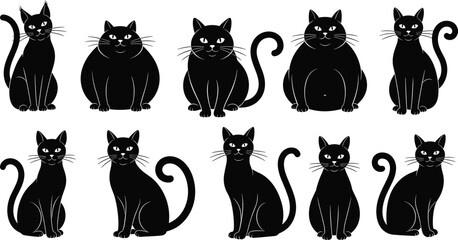 Set of ten black cat silhouettes in various poses and sizes featuring cute cartoon felines with curly tails and expressive whiskers © Shoriful