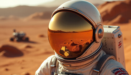 Fototapeta premium Astronaut stands on Mars surface near rover. Reflective helmet shows alien landscape and sky. Space exploration mission continues on red planet.