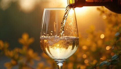 Naklejka premium White wine pours into crystal glass during golden hour sunset. Bubbles form as liquid fills glass with soft background bokeh. Outdoor refreshment and celebration.