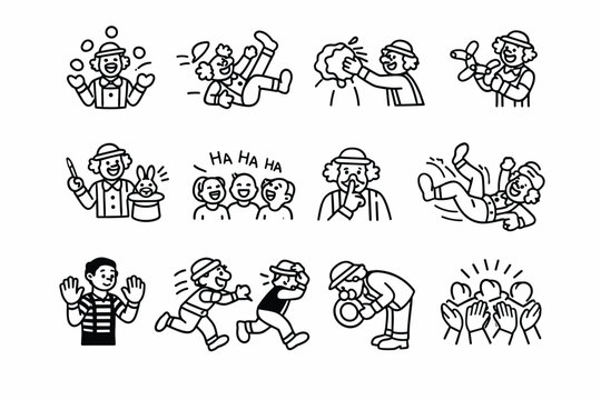 Clown Performance. Line icon set of Clown Performance: juggling act, slapstick fall, pie throw, balloon twisting, magic trick, audience laugh, comic gesture,
