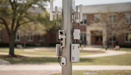 Closeup medium shot of smart pole in a campus quad installation emphasizing advanced antenna array and sensor modules with blurred academic buildings.