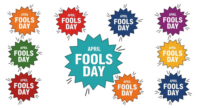 Colorful april fools day stickers with starburst shapes and text on white background for pranks and jokes
