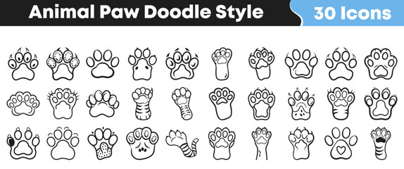 A diverse collection of 30 hand-drawn animal paw print icons in a charming doodle style, perfect for various creative designs and pet-related projects, offering a playful and whimsical touch. © Vectoravec