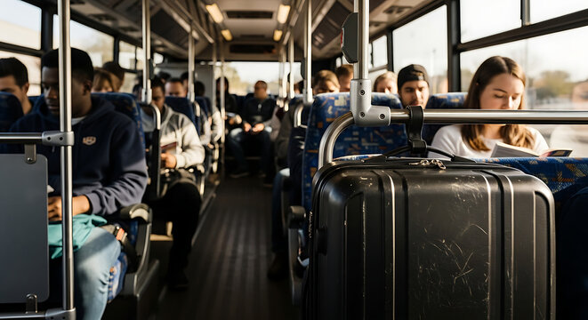 Passengers on a bustling public transport bus commuting through the city with diverse people and luggage onboard