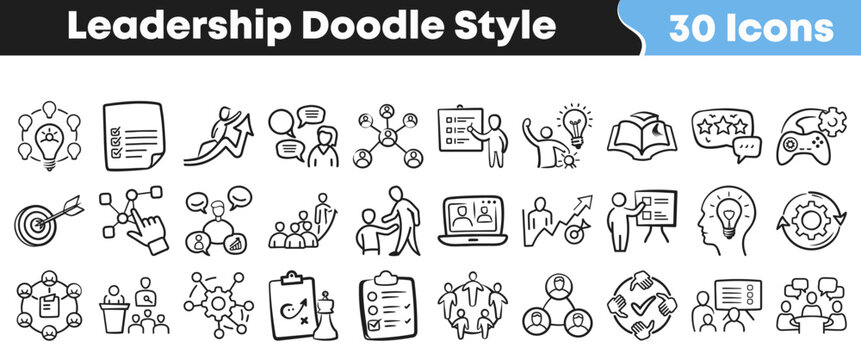 Thirty black and white hand drawn doodle style icons representing various aspects of business leadership and management concepts for presentations.