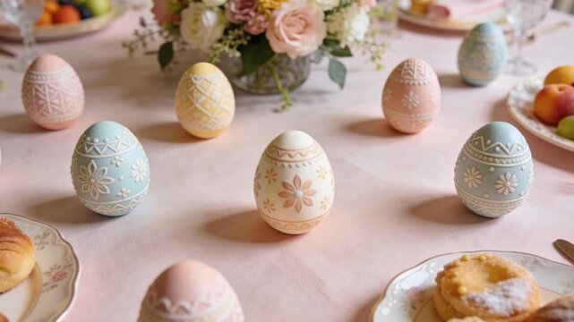 Camera moving forward, pastel eggs becoming central and sharper to showcase spring brunch