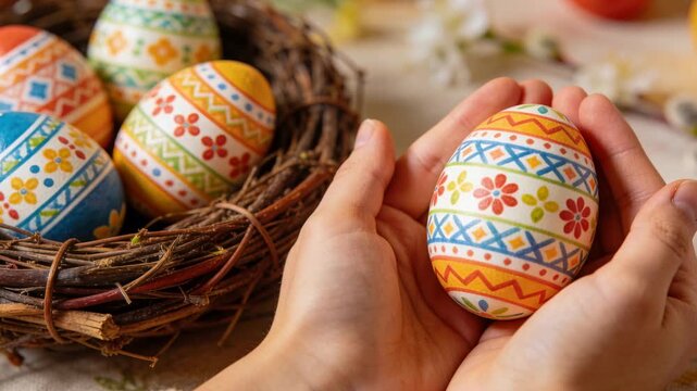 Adult hands moving egg from nest, rotating and inspecting pattern for craft display
