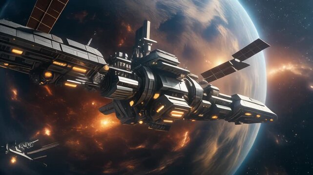 Colossal space station orbiting storm gas giant with glowing lights thrusters engines and distant spacecraft satellite dramatic orbit stormcraft