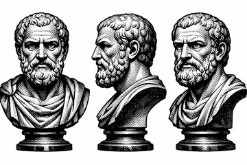 Obraz premium Roman philosopher bust ? A Roman philosopher bust illustrated as the same object in three views, focusing on mature facial expression, beard texture, and