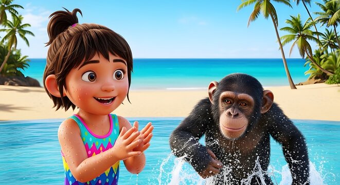 Cartoon girl and monkey in tropical beach pool